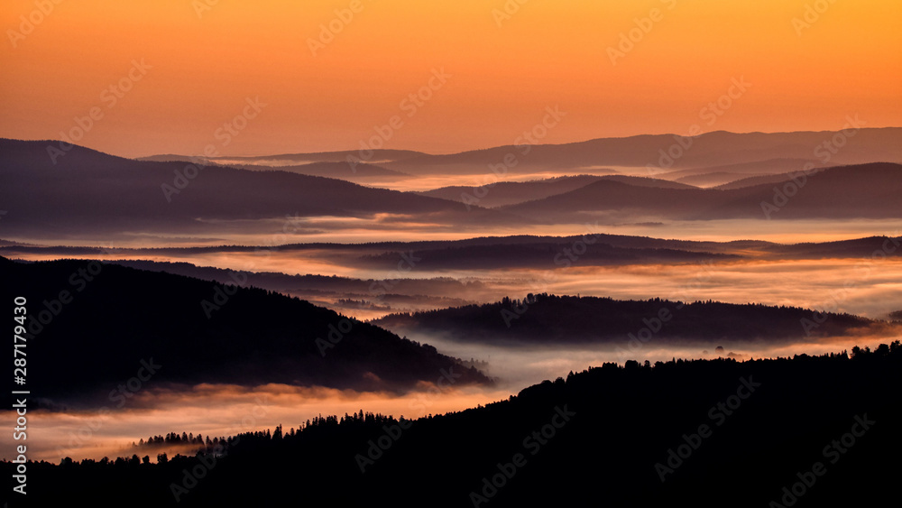 Beautiful misty sunrise in the mountains. Bieszczady Mountains. Poland.