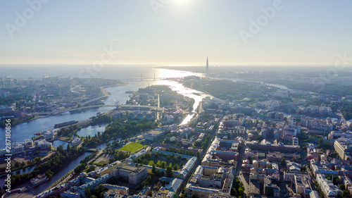 Saint-Petersburg, Russia. Neva River. Panoramic aerial view. Betancourt Bridge, Western High Speed Diameter, Lakhta Center. Gazprom headquarters, From Drone photo