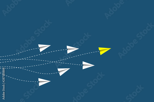 Print op canvas Leadership and competition concept, with yellow paper plane leading among white