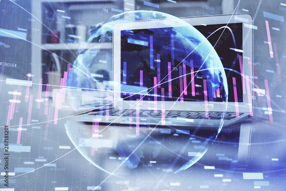Double exposure of forex chart and work space with computer. Concept of international online trading. Double exposure of forex chart and work space with computer. Concept of international online trading.