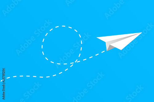White paper plane flying on blue sky background