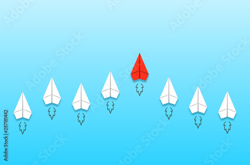 Leadership and competition concept, with red paper plane leading among white.