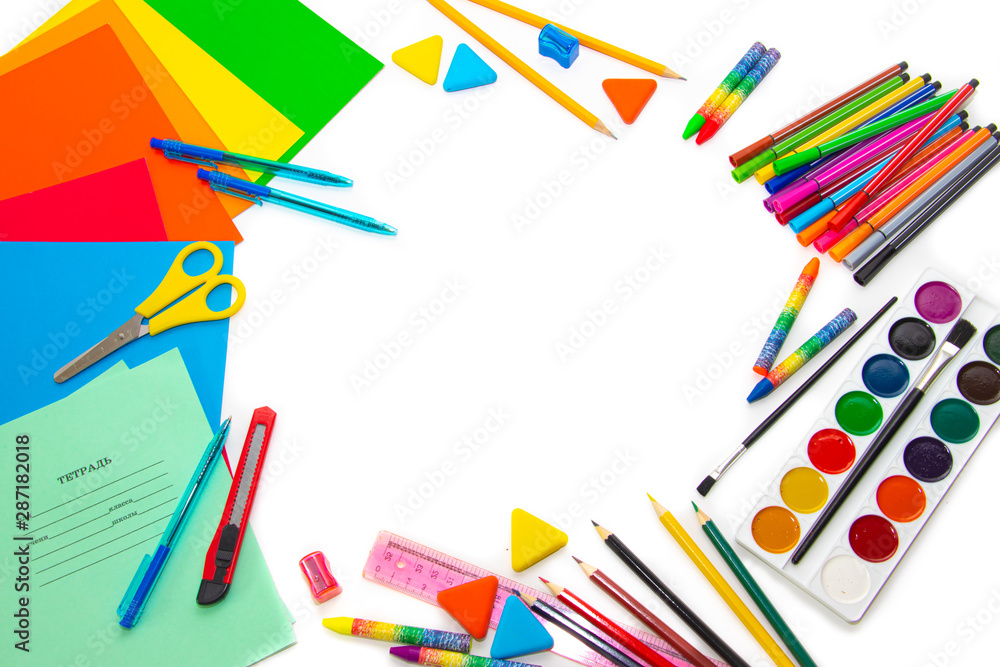 Fototapeta premium Stationery layout. School theme. Preparing for school .Color school supplies isolated on white background. Study