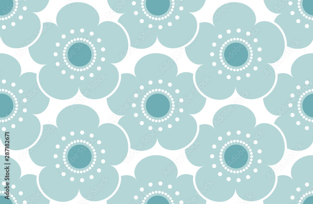 seamless pattern blue teal flowers japanese cherry blossoms on white background. Asian simple ornament, oriental style. Can be used for fabrics, wallpapers. Vector