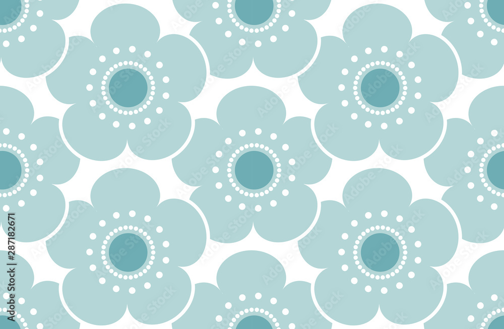 seamless pattern blue teal flowers japanese cherry blossoms on white background. Asian simple ornament, oriental style. Can be used for fabrics, wallpapers. Vector seamless pattern blue teal flowers japanese cherry blossoms on white background. Asian simple ornament, oriental style. Can be used for fabrics, wallpapers. Vector