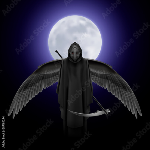 Plague Doctor with Huge Wings Over Full Moon Background. Medieval Death Symbol Plague Doctor Mask for Web, Poster, Info Graphic