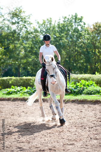 Young pretty teenage girl equestrian practicing horseback riding on manege © AnnaElizabeth