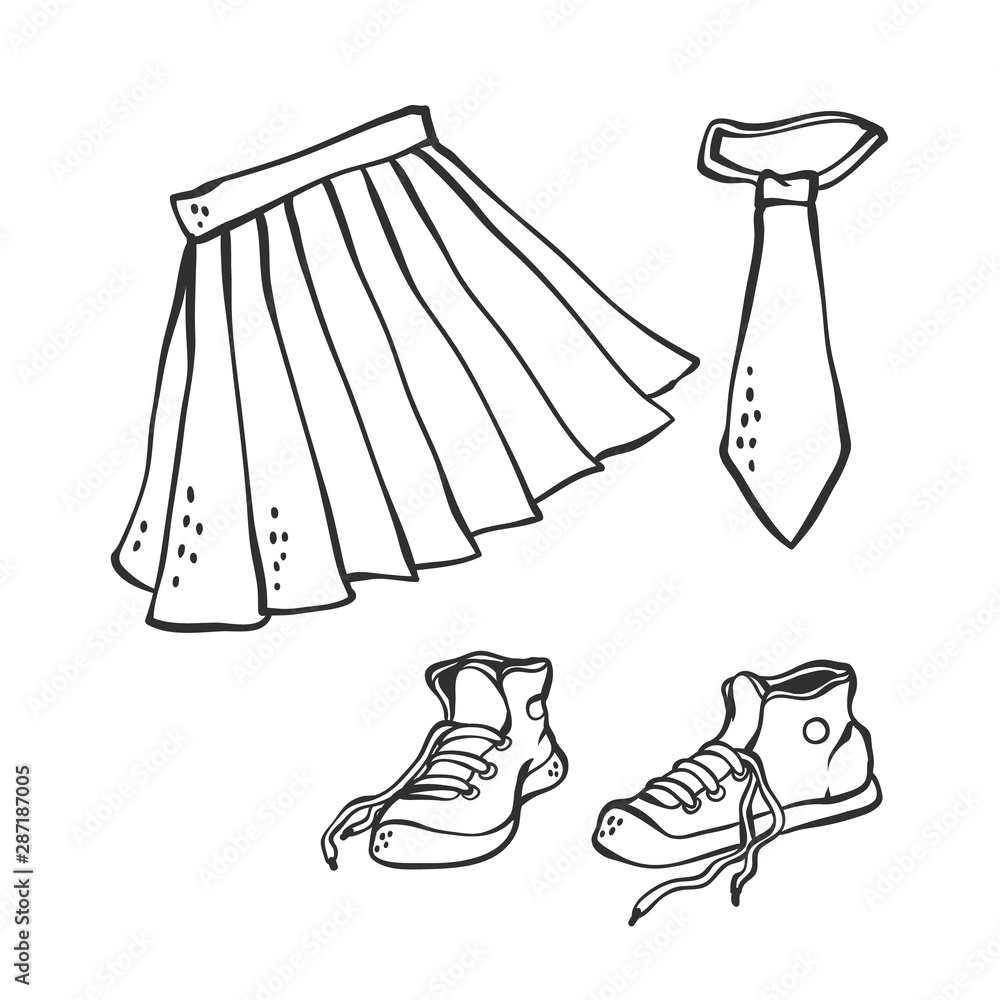 Vector skirt tie and sneakers uniform for school. Sketch set contour doodle  black white illustration. Stock Vector | Adobe Stock