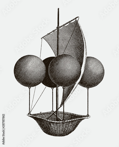 Historic flying ship, aeronautic machine by Francesco Lana Terzi from 1670,  after engraving from early 19c.