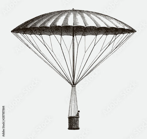 Historic frameless parachute by André-Jacques Garnerin from 1797 descending, after antique etching from early 19c.