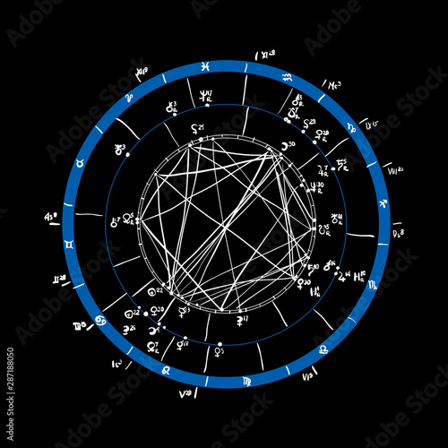 Horoscope natal chart, astrological celestial map, cosmogram, vitasphere, radix. Blue white black color. Hand drawn calligraphy. Vector