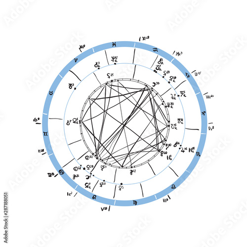 Horoscope natal chart, astrological celestial map, cosmogram, vitasphere, radix. Blue white black color. Hand drawn calligraphy. Vector