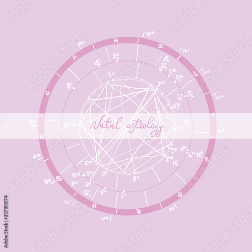 Horoscope natal chart, astrological celestial map, cosmogram, vitasphere, radix. sketch, design, outline, white lilac pink color. Hand drawn calligraphy. Vector