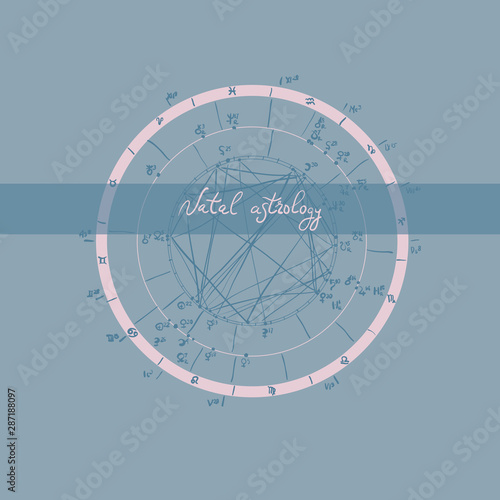Horoscope natal chart, astrological celestial map, cosmogram, vitasphere, radix. Blue pink grey color. Hand drawn calligraphy. Vector