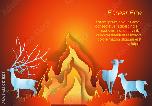 Paper art of flame, deer and text for forest fire background. Wildfire Vector illustration concept