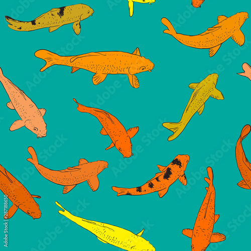 Seamless pattern Koi carp nishikigoi literally brocaded carp. orange yellow Common carp that are kept in outdoor koi ponds water gardens. black outline on blue water background sketch doodle. Vector photo