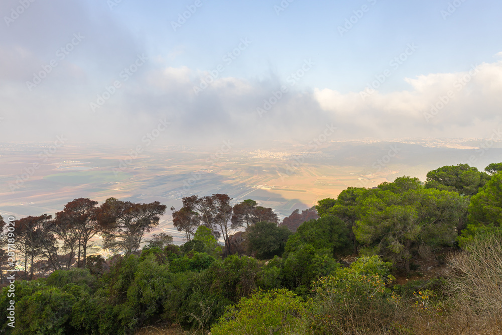 Morning  view at morning sunrice from Mount Tavor on a nearby valley near Nazareth in Israel
