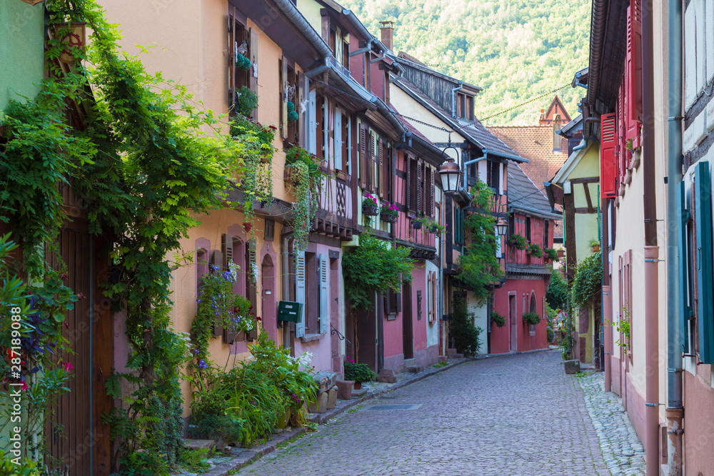 Obraz premium Beautiful colorful street of medieval village Kaysersberg. Alsace. France.