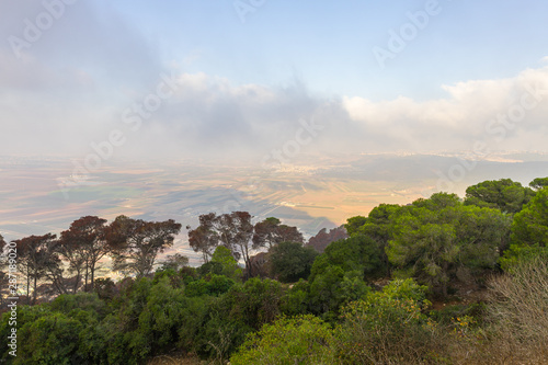 Morning view at morning sunrice from Mount Tavor on a nearby valley near Nazareth in Israel