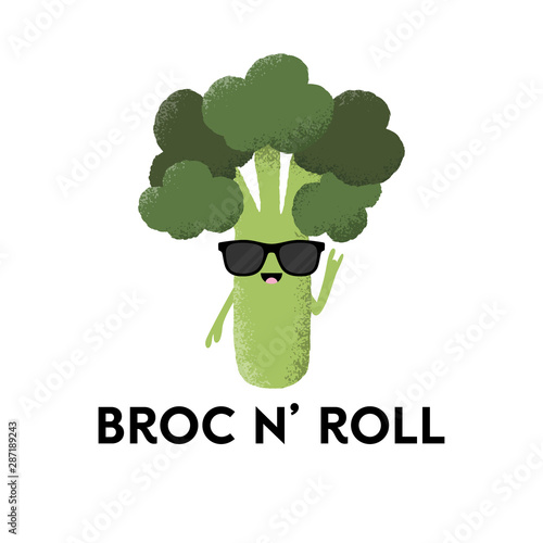 Vector illustration of a broccoli character wearing sunglasses with the funny pun 'Broc n Roll'. Fun T-Shirt design concept.