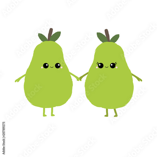 Vector illustration of 2 cute pear characters with happy faces and holding hands. Funny food concept.