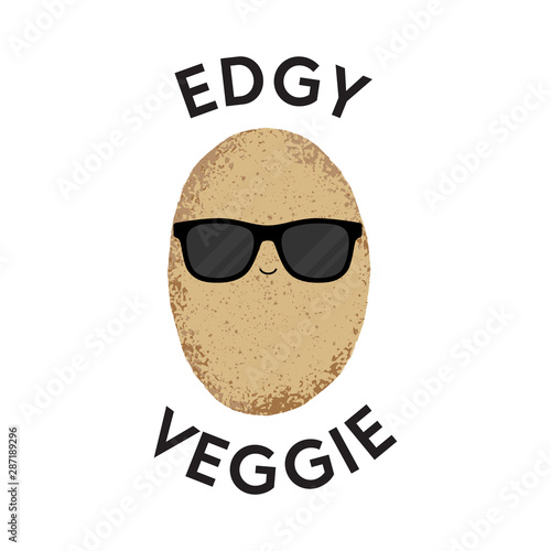 Vector illustration of a potato character wearing sunglasses with the funny pun 'Edgy Veggie'. Cheeky T-Shirt design concept.