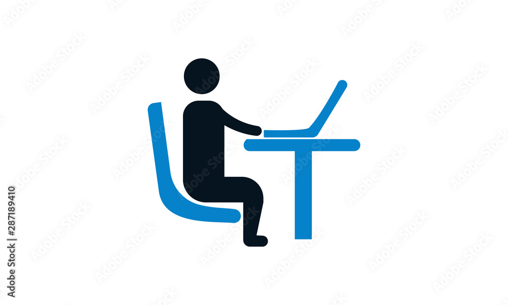 Man in office desk with computer icon for workplace and productivity concepts Man in office desk with computer icon for workplace and productivity concepts
