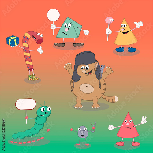 Set of vector cartoon characters candy, cone, pyramid, cat and caterpillar on a colored background for the design of cards, calendars, posters.