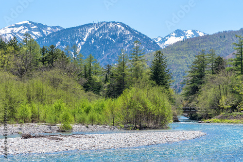 Azusa river and hotaka mountain at Kamikochi in Northern Japan Alps. © chanwitohm