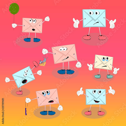 Fototapeta Naklejka Na Ścianę i Meble -  set of vector cartoon characters envelope with eyes on a colorful background for design