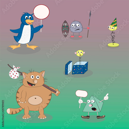 Set of vector cartoon characters pyramid, cat, penguin and spring on a colored background for the design of cards, calendars, posters.
