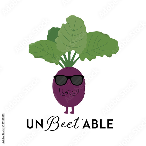 Vector illustration of a beetroot character wearing sunglasses with the funny pun 'Un-Beetable'. Cheeky T-Shirt design concept.