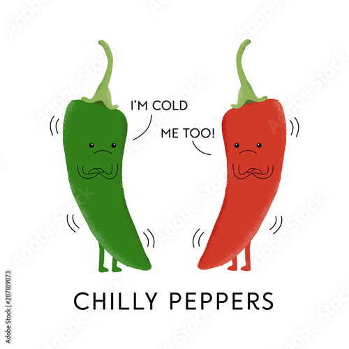Vector illustration of 2 cold chili pepper characters with the funny pun 'Chilly Peppers'. Funny T-Shirt design 