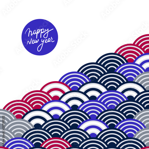 Seigaiha or seigainami literally means wave of the sea. Merry Christmas card banner design for text abstract scales simple Nature background japanese circle pattern blue grey black brown white. Vector