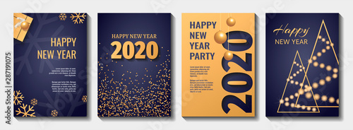 Set of Flyer, poster, banner, brochure design templates for Happy new year 2020. Blue and gold collors. Christmas balls, abstract christmas tree, snowflakes, gift box. Perfect for invitation, card.