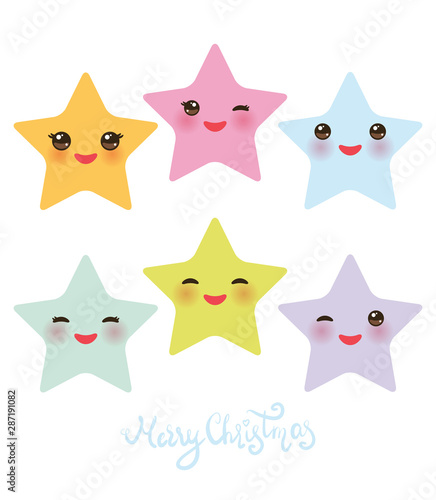 Fototapeta Naklejka Na Ścianę i Meble -  Merry Christmas card banner design Kawaii baby stars, face with eyes, orange pink blue lilac green pastel colors on white background. Vector