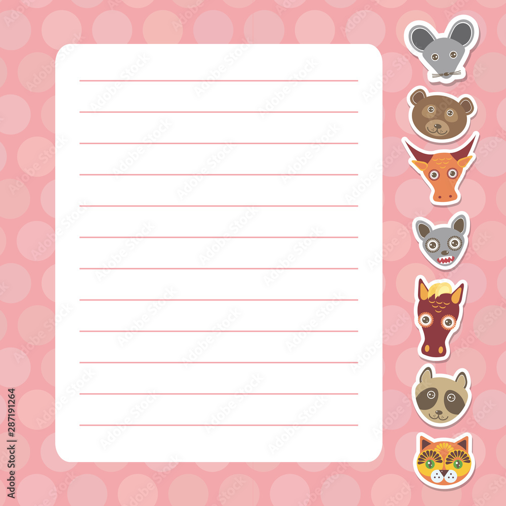 Card design with Kawaii mouse bear bull bat horse raccoon cat, pink pastel colors polka dot lined page notebook, template, blank, planner background. Vector Card design with Kawaii mouse bear bull bat horse raccoon cat, pink pastel colors polka dot lined page notebook, template, blank, planner background. Vector