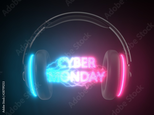 cyber monday concept with headset. neon text into electric arcs. 3d illustration
