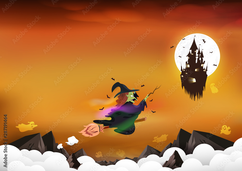 Halloween Fantasy And Magic Witch Riding A Broom In Night Scene To Sky Ghost Castle Party Invites Greeting Card Mountains Landscape Gothic Style Background Vector Illustration Stock Vector Adobe Stock