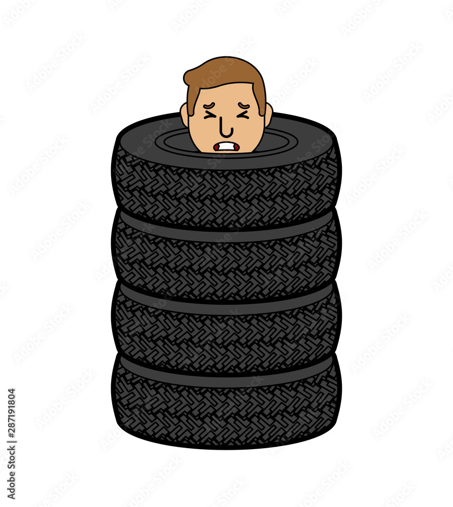 Man inside car tire. Guy in stack of car tires. vector illustration Stock  Vector | Adobe Stock