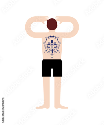 Russian prisoner with tattoo. Russia criminal guy mafia tattooing. Church and skull. Cross and chain. Barbed wire and crown. Thief stars.