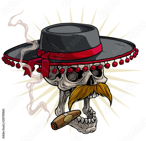 Cartoon detailed realistic colorful scary human skull in black traditional spanish toreador or matador hat with red pompoms, ribbon and cigar. Isolated on white background. Vector icon.