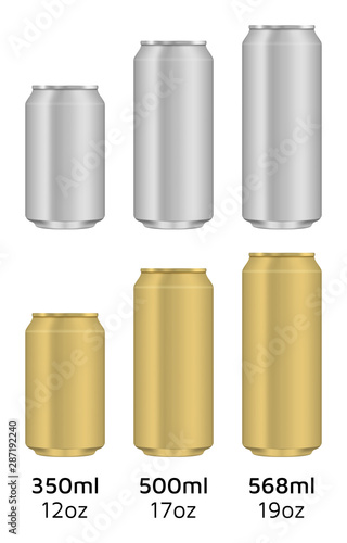 Empty can. Aluminum and gold colors. 350ml, 500ml and 568ml.