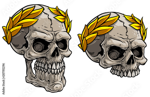 Cartoon detailed realistic colorful scary human skulls in golden roman laurel wreath. Isolated on white background. Vector icon set.