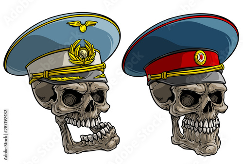 Cartoon soviet military officer peaked cap with ings and badge on cockade. Isolated on white background. Vector icon set.