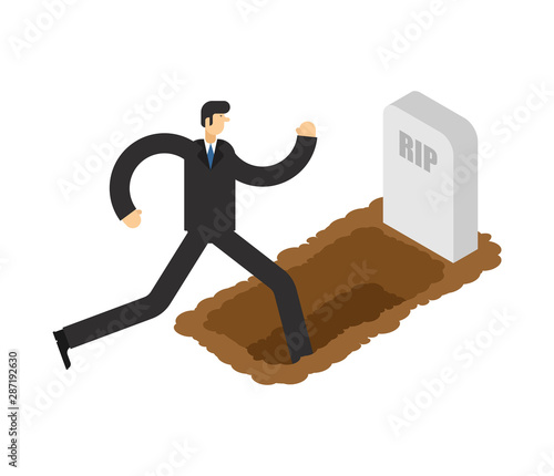 Man walks in grave. Guy go in grave pit. vector illustration