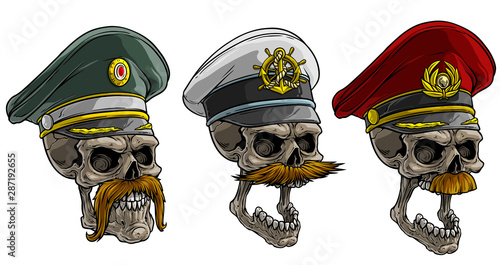 Cartoon detailed realistic colorful scary human skulls in different peaked caps with cockade. Pilot and sailor. Isolated on white background. Vector icon set.