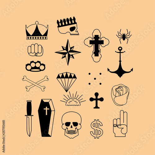 Russian prison tattoo set. Russia criminal symbol. Skull, Cross and chain. Barbed wire and crown. Thief stars. sign Prisoner mafia tattooing.