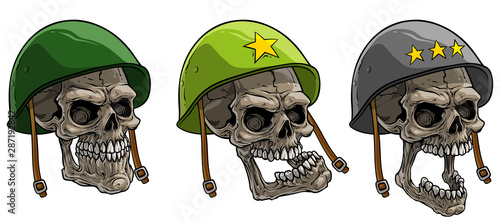 Cartoon detailed realistic colorful scary human skulls in old retro metal soviet or american soldier helmets with yellow stars. Isolated on white background. Vector icon set.
