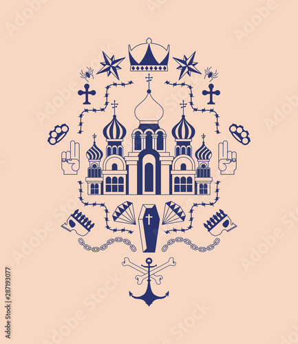 Russian prison tattoo. Church and skull. Cross and chain. Barbed wire and crown. Thief stars. Russia sign Prisoner mafia tattooing